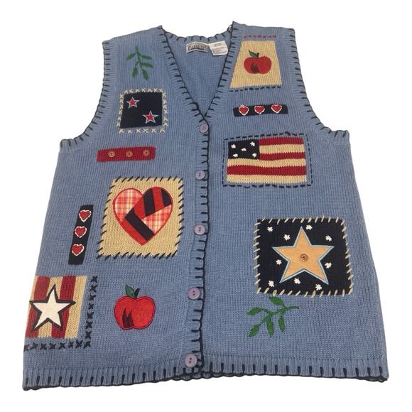 Capacity Sweaters - Vtg Capacity M Blue Button Knit Sweater Vest Appliqué Patriotic Flag Heart USA